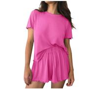 Flodxo Ladies Pyjamas Shorts and Top Set Women Nightwear Summer Pjs Set Comfy T Shirts and Wide Leg Short Pants Comfy Yoga Solid Color Pyjamas Plain Loungewear Home Suits Hot Pink S