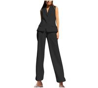 Flodxo Ladies Trouser Suits Women's 2 Piece Co Ord Sets Formal Work Office Waistcoat and Trouser Set Summer Lounge Wear Sets Sleeveless Vest Tops Wide Leg Trousers for Party Wedding Black 3XL