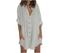 Flodxo Linen Shirt Women 3/4 Sleeve Plus Size Summer Tops Oversized Casual Loose Button Down Tee Shirts Elegant Dressy Loose Plain Longline Tunic Tops Holiday Beach Swimsuit Cover Up Grey M