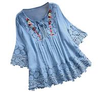 Flodxo Linen Shirt Women Short Sleeve Oversized T Shirts Lace Western Clothing for Women Summer Cotton White Blouses Floaty Bubble Hem Tops Party Evening Tunic Tops for Leggings Sky Blue 5XL