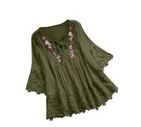Flodxo Linen Tops for Women UK Plus Size Boho Embroidered Tops Lace Floaty White Blouses Summer Short Sleeve Shirts Elegant Comfy Casual Work Blouse Elegant Oversize Western Clothing Army Green XXL