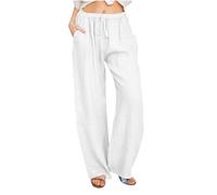 Flodxo Linen Trousers Womens Ladies Wide Leg Trousers Summer Elasticated Waist Palazzo Trousers with Pocket Drawstring Comfy Cotton Casual Loose Pants Solid Baggy Track Bottoms White S