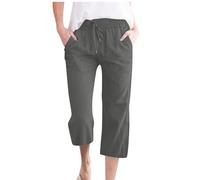 Flodxo Linen Trousers Womens Petite White Straight Leg Joggers Ladies Golf 3/4 Length Trousers Elastic Waist Drawstring Capri Pants Plus Size Wide Leg Sweatpants Dark Grey M