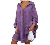 Flodxo Long Tops for Women UK Plus Size Linen Oversized Tshirts Plus Size Summer Long Sleeve Shirt Elegant Smart Button Down Blouses Casual Loose Going Out Tunic Tops for Travel Beach Purple XXL