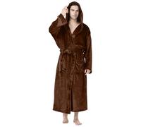 Flodxo Mens Hooded Bath Robe Soft Warm Fleece Dressing Gown-Flannel,Soft,Cosy,Winter,Fluffy,Fuzzy,Plush,Full Length,Tie,Pockets,Nightwear,Sleepwear,Brown,XL