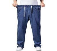 Flodxo Mens Jeans Men Elasticated Waist Wide Leg Trousers Casual Retro Denim Pants Plus Size Baggy Sweatpants Relaxed Fit Streetwear Track Bottoms with Pockets Outdoor Lounge Jean Blue 5XL