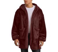 Flodxo Mens Sherpa Jacket Winter Warm Teddy Bear Coats Long Sleeve Open Front Cardigans Fluffy Fleece Cosy Plush Hooded Overcoat Casual Loose Outerwear Fuzzy Sweatshirt Jumper Wine L