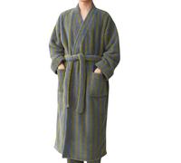 Flodxo Men's Warm Fleece Dressing Gown Soft Warm Flannel Bathrobe-Striped,Fluffy,Hoodless,Long Sleeve,Fuzzy,Plush,Full Length,Tie,Pockets,Sleepwear,Loungewear,Housecoat,Green,XXL