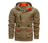 Flodxo Mens Waterproof Rain Jacket Lightweight Breathable Windproof Raincoat Outdoor Cargo Hiking Softshell Jacket with Hood Plus Size Zip Up Coat with Pocket for Sports Travel Khaki L