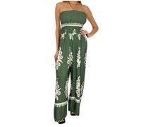 Flodxo Overalls Women Wide Leg Long Romper Overall Casual Dressy Playsuit Spaghetti Strap Tube Top Suspender Jumpsuits Fasion Retro Print Loose Baggy One Piece Outfits Green XXL