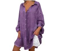 Flodxo Oversized Linen Shirts for Women UK Long Sleeve Summer Tops Elegant Casual Loose Blouses Ladies Baggy Plain Long Tops Holiday Beach Plus Size Pullover Cover Up Cardigans Purple XL