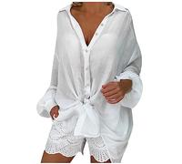 Flodxo Oversized Linen Shirts for Women UK Long Sleeve Summer Tops Elegant Casual Loose Blouses Ladies Baggy Plain Long Tops Holiday Beach Plus Size Pullover Cover Up Cardigans White L