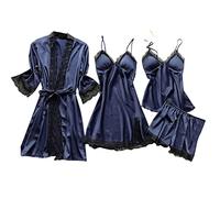 Flodxo Pajamas for Women Uk 4 Piece Pj Sets Ladies Silk Imitation Nightdress Lace Front Tie Robe Dress Underwear Short Robe With Belt Floral Lace Trim Loungewear Cami Bras Sleepwear Navy L