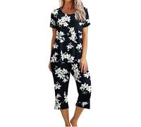 Flodxo Pajamas for Women UK Set Cotton Soft Capri Pyjamas Summer Short Sleeve Pleated Button Henley Top and Bottom Lounge Set with Pockets 2 Piece Outfits Loungewear Suits Tracksuits Black M