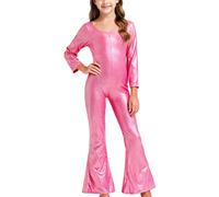 Flodxo Party Jumpsuits for Girls Metallic Disco Funky Dance Costume Round Neck Long Sleeve Overalls One Piece Flared Wide Leg Trousers Unitard 70S Hippie Full Length Playsuits Hot Pink 11-12Y