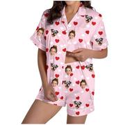 Flodxo Personalised Pyjamas for Women with Face Photo- Custom Women's Pyjama Sets Summer Short Sleeve Shirts and Shorts Loungewear Sets for Women Create Your Own Funny Pjs Set Pink S