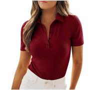 Flodxo Polo Shirts for Women UK Short Sleeve V Neck Tops Summer Collared Basic Tshirts Work Office Business Casual Ladies Blouses Classic Button-Down Gym Tennic Golf Tops Wine L