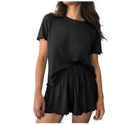 Flodxo Pyjamas for Women Ladies Short Pyjamas Sets Short Sleeve Top Summer Shorts Bottoms Round Neck Soft Loungewear Pjs Set Casaul Loose Solid Nightwear Sleepwear for All Seasons Black S