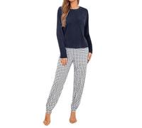 Flodxo Pyjamas for Women Set Long Sleeve Plaid Printed Pajamas Casual Loose Loungewear Sets Soft Nightwear Sleepwear Lightweight Gingham Trousers and Shirt Ladies Co Ord Sets Blue M