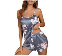 Flodxo Pyjamas for Women UK 2 Piece Pajama Short Set Summer Silk Sexy Pyjamas Floral Print Sleeveless Cami Top and Shorts Loungewear Sleepwear Pj Set Nightwear Party Valentine's Day Grey XL