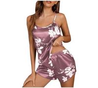 Flodxo Pyjamas for Women UK 2 Piece Pajama Short Set Summer Silk Sexy Pyjamas Floral Print Sleeveless Cami Top and Shorts Loungewear Sleepwear Pj Set Nightwear Party Valentine's Day Purple XL