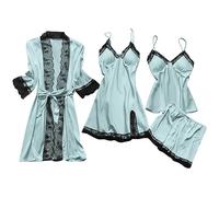 Flodxo Pyjamas for Women Uk 4 Piece Bodysuit Pj Set Sexy Lace Babydoll Slim Lingerie Sets Rhinestone Nightgown Adjustable Mini Skirt Sleepwear Nightwear Pjs Comfy Lightweight Pajamas Light Blue M