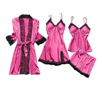 Flodxo Pyjamas for Women Uk 4 Piece Bodysuit Pj Set Sexy Lace Babydoll Slim Lingerie Sets Rhinestone Nightgown Adjustable Mini Skirt Sleepwear Nightwear Pjs Comfy Lightweight Pajamas Hot Pink M