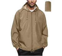 Flodxo Rain Jacket Men Packable Waterproof Lightweight Jacket Windbreaker Quick Dry Raincoat Plus Size Zip Up Coat Packaway Breathable Windproof Shell Jacket Camping Running Hiking Khaki L