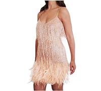 Flodxo Sequin Dresses for Women UK Sequins Tassel Party Dresses Women Eye-Catching Stretchy for Evening Cocktail Party Sexy Tassel Sequin Glitter Sparkly Dress for Dinner Wedding Beige XXL