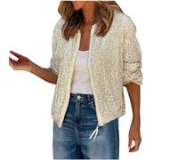Flodxo Sequin Jacket Women Sparkly Bomber Jacket Long Sleeve Front Zip Hoodie Ladies Glitter Cardigans Tops Biker Shiny Clubbing Party Metallic Festival Outfits Evening Clubwear Beige XL