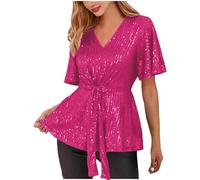 Flodxo Sequin Top Women Glitter Sparkly Blouse Cocktail Party Evening Elegant V Neck Tank Tops Short Sleeve Glitter Pullover Going Out Peplum Tshirts Wedding Festive Dance Christmas Hot Pink L