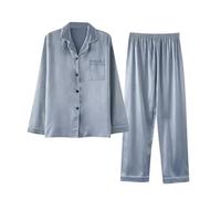 Flodxo Silk Pyjamas for Women Plus Size Soft Satin Long Sleeve Shirts Blouser & Long Pant Pyjamas Set Button Down Pj Sets Loungewear Classic Pjs for All Seasons Sleepwear Nightwear Blue XL