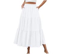Flodxo Skirts for Women UK Elasticated Waist Summer Long Ladies Dresses White Boho Beach Plus Size A Line Skirts with Pockets Elegant Casual Lightweight Evening Party Vintage Dresses White L