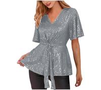 Flodxo Sparkly Tops for Women UK Plus Size Sequin Party Blouse Silver Glitter Short Sleeve T Shirts with Belt V Neck Dressy Tops for Evening Party Cocktail Evening Wedding Christmas Grey XXL