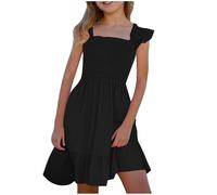 Flodxo Summer Dresses for Girls Age 9 to 10 Flutter Sleeve Ruffle Square Neck Pleated Party Grown Casual Elegant A-Line Knee Length Midi Dress for Beach Evening School 3 Y - 14 Y Black