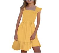 Flodxo Summer Dresses for Girls Age 9 to 10 Flutter Sleeve Ruffle Square Neck Pleated Party Grown Casual Elegant A-Line Knee Length Midi Dress for Beach Evening School 3 Y - 14 Y Yellow