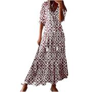 Flodxo Summer Dresses for Women UK Plus Size Boho Dressing Gowns Elegant Casual Bohemian Floral Sundress V Neck Swing Beach Holiday Outfits Short Sleeve Maxi Party Gown Wine XL