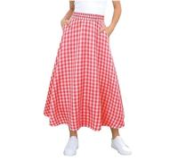 Flodxo Summer Long Skirts for Girls Casual Elastic High Waist Maxi Skirts Plaid Checked Y2K Vintage A Line Skirt Tiered Flowy Boho Beach Flared Skirt Vacation School Travel Daily Red 12-13Y