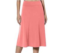 Flodxo Summer Midi Skirts for Women UK Elastic Waist Knee Length Boho Dresses Casual Elegant Pleated A Line Skirts Work Office Swing Jersey Pencil Dress Plain Solid Color Sundress Watermelon Red M