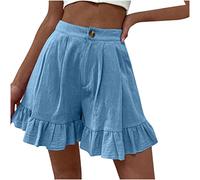 Flodxo Summer Shorts for Women UK Cotton Linen Shorts Ladies High Waist Ruffle Hem Hotpants Comfy Plus Size Casual Trousers Pockets Lounge Solid Summer Beach Track Bottoms Travel Sky Blue M