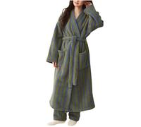 Flodxo Towel Dressing Gown Women Stripe Fleece Fluffy Bathrobe Hooded Neck Sleepwear Long Plush Bath Robe Loungwear Warm and Cosy Housecoat with Belt Soft Comfy Winter Nightgown Green L