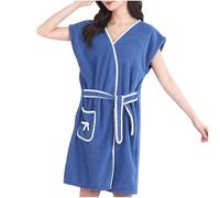 Flodxo Towel Dressing Gown Women V Neck Short Sleeve Toweling Bath Robes Winter Fleece Fluffy Warm and Cosy Housecoat Loungewear Solid Color Bathrobe for Spa Hotel Home with Pockets Dark Blue One Size
