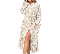 Flodxo Towelling Bath Robes for Women No Hood Long Fleece Dressing Gown Long Sleeve Warm and Cosy Housecoat Vintage Print Loungewear Fluffy Bathrobe Winter Soft Plush Dressing Gown White L