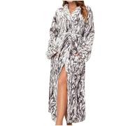 Flodxo Towelling Bath Robes for Women No Hood Long Fleece Dressing Gown Long Sleeve Warm and Cosy Housecoat Vintage Print Loungewear Fluffy Bathrobe Winter Soft Plush Dressing Gown Grey L