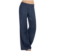Flodxo Trousers for Women UK Stretchy Wide Leg Jeans Loose Elasticated Waist Pull On Comfy Washed Baggy Denim Jean Pants Business Casual Office Work Commute Slacks Pants with Pockets Dark Blue S