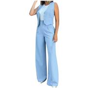 Flodxo Trousers Suit for Women UK 2 Pcs Waistcoat and Trouser Set Suits Elegant Ladies Wedding Guest Outfits Plus Size Trouser Suits V Neck Sleeveless Vest Wide Leg Palazzo Trousers Sky Blue XXL