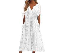 Flodxo Wedding Guest Dresses for Women UK Plus Size Summer Long Dressing Gown Short Sleeve Beach Swing Bohemian Maxi Dresses with Pockets Vintage Hollow Out A Line Sundress White S