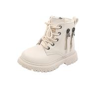 Flodxo Winter Ankle Boots for Girls Kids School Shoes-Lace Up,Casual,Waterproof,Pu Leather,Comfy Walking Boots,Childrens Winter Autumn Footwear,White,Size 7.5