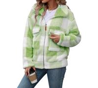 Flodxo Women Flannel Plaid Shacket Check Fleece Jackets Ladies Plush Cardigan Full Zip Teddy Faux Fur Coat Long Sleeve Lapel Casual Fuzzy Sweatshirt Winter Jumper Sweater with Pocket Green M