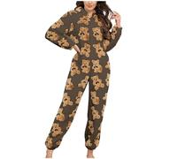 Flodxo Women Fleece Zip Up Onesie Ladies Fluffy Pyjamas Warm and Cosy Hooded One Piece Outfits Cute Bear Printed Thermal Plush Flannel Jumpsuit Nightwear Sleepwear Pj Brown S